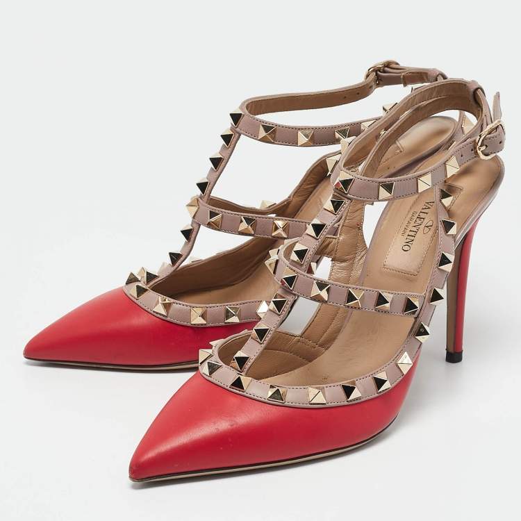 Pre Owned Valentino Red/Beige Leather Rockstud Caged Pumps Size 36.5