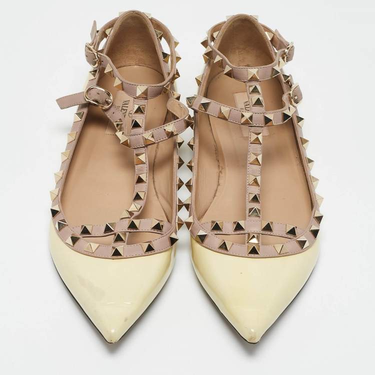 Pre Owned Valentino Yellow Patent Leather Rockstud Caged Ballet Flats Size 40.5