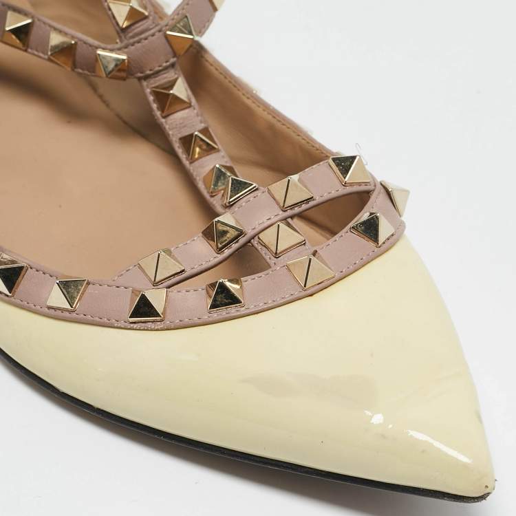 Pre Owned Valentino Yellow Patent Leather Rockstud Caged Ballet Flats Size 40.5