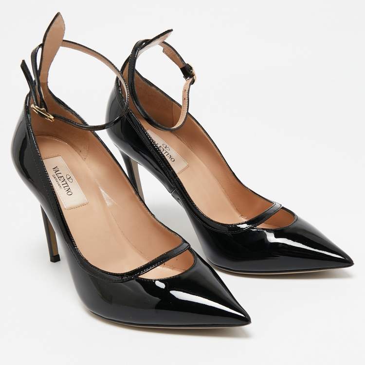 Pre Owned Valentino Black Patent Leather Ankle Strap Pumps Size 37.5