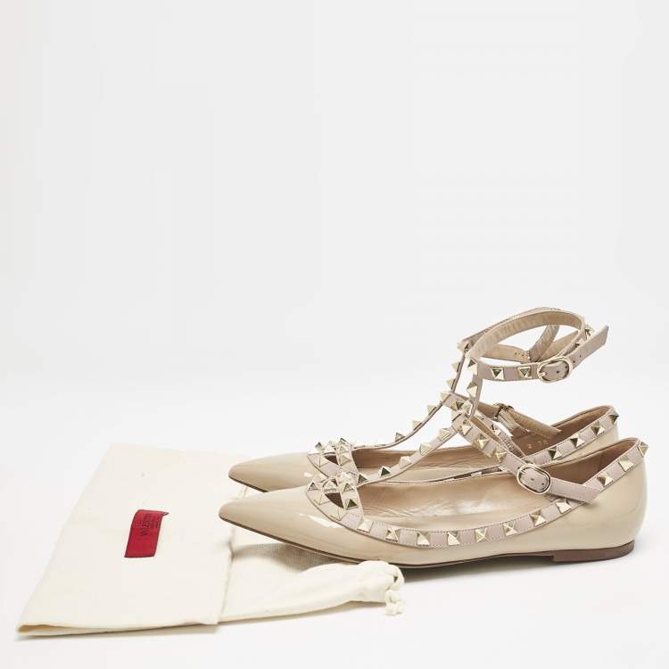 Pre Owned Valentino Beige Patent Leather Rockstud Caged Ballet Flats Size 38