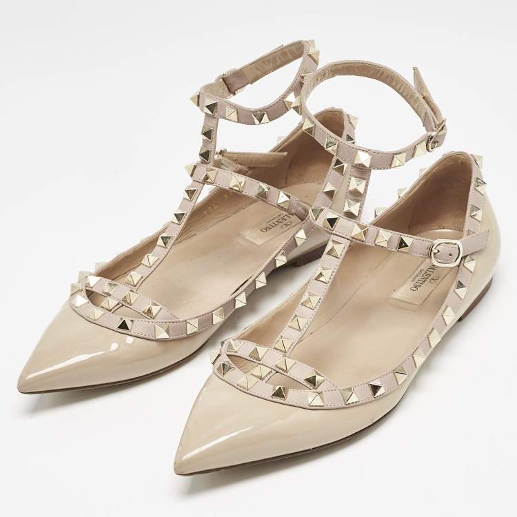 Pre Owned Valentino Beige Patent Leather Rockstud Caged Ballet Flats Size 38