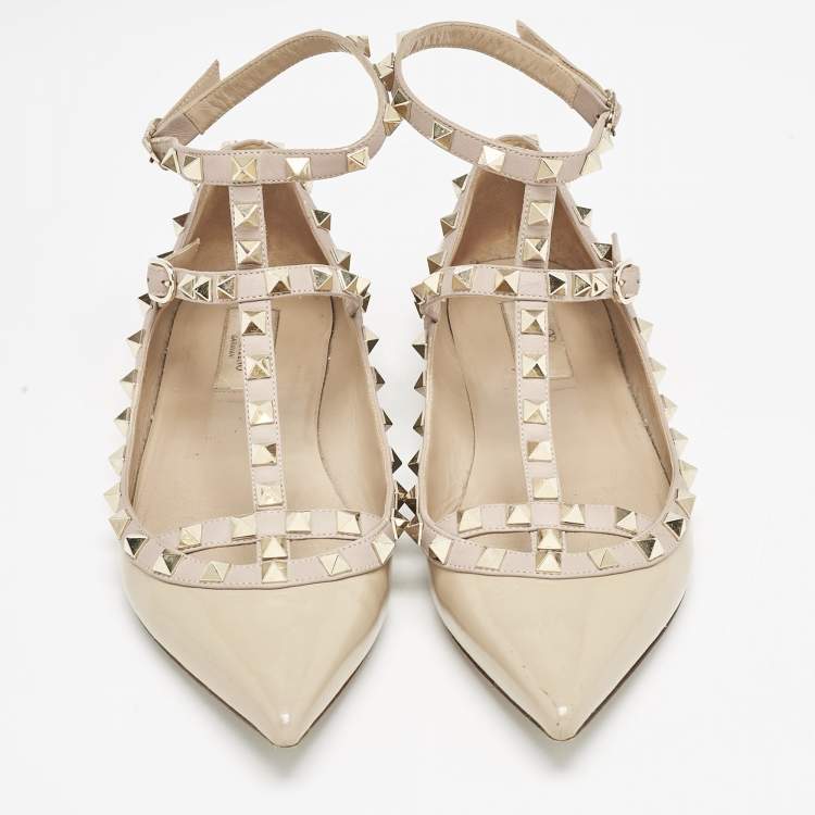 Pre Owned Valentino Beige Patent Leather Rockstud Caged Ballet Flats Size 38