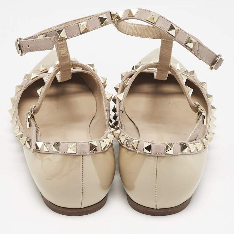 Pre Owned Valentino Beige Patent Leather Rockstud Caged Ballet Flats Size 38