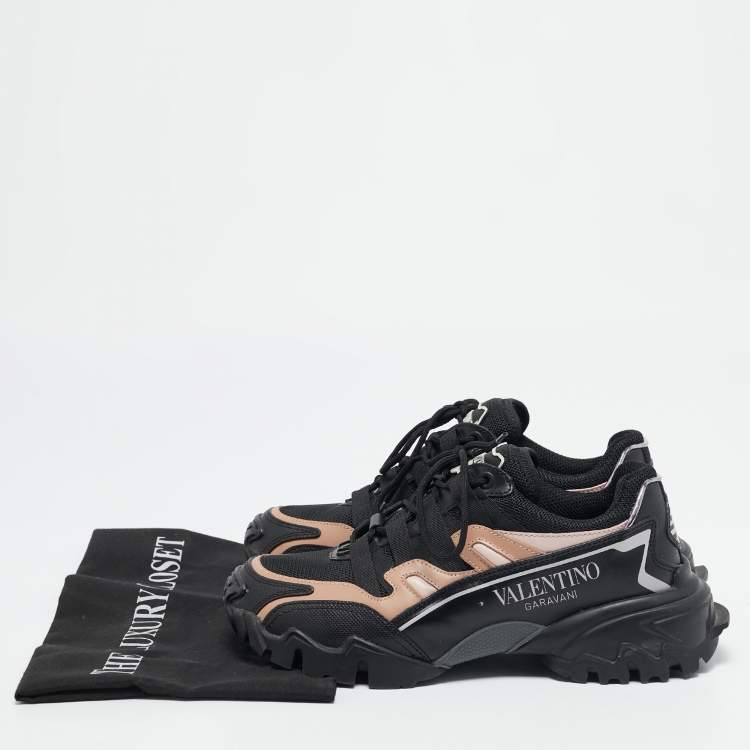Pre Owned Valentino Fluorescent Black/Beige Mesh and Leather Climbers Sneakers Size 36