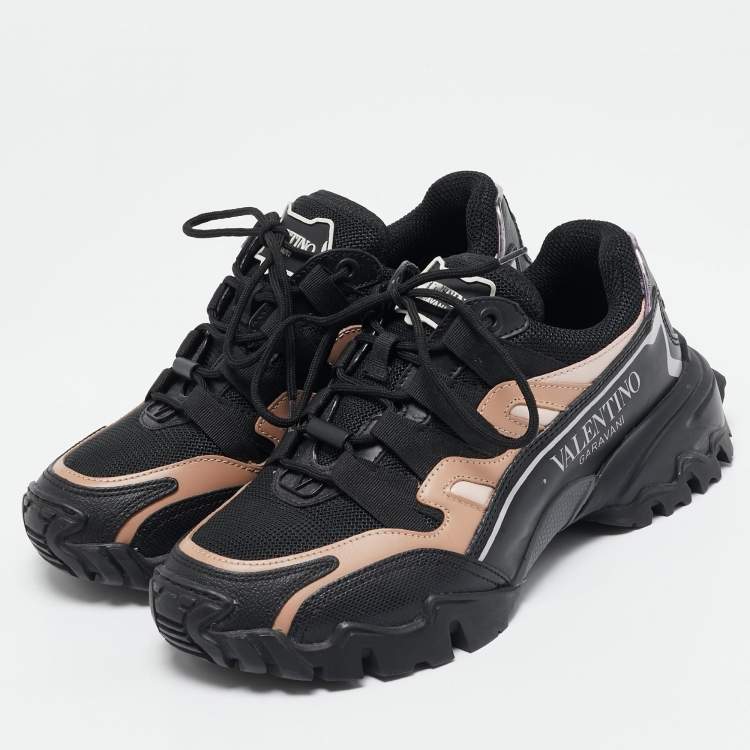 Pre Owned Valentino Fluorescent Black/Beige Mesh and Leather Climbers Sneakers Size 36