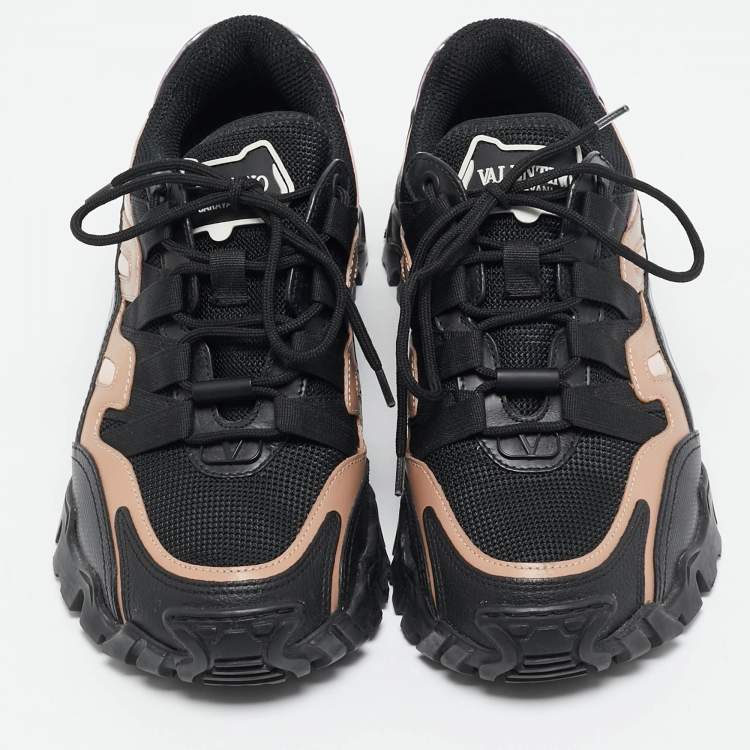Pre Owned Valentino Fluorescent Black/Beige Mesh and Leather Climbers Sneakers Size 36
