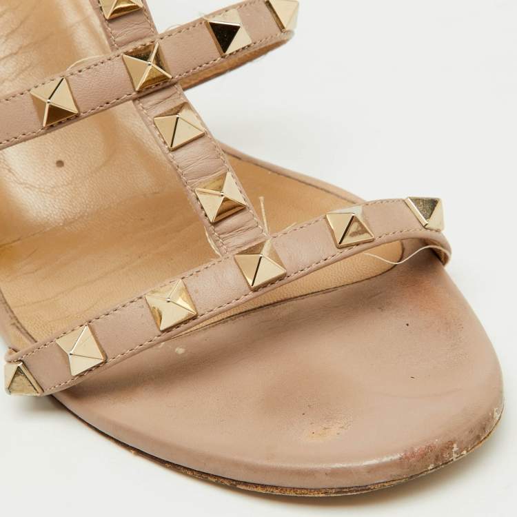Pre Owned Valentino Dusty Pink Leather Rockstud Block Heel Slide Sandals Size 39