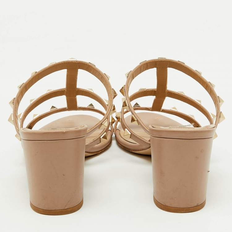 Pre Owned Valentino Dusty Pink Leather Rockstud Block Heel Slide Sandals Size 39