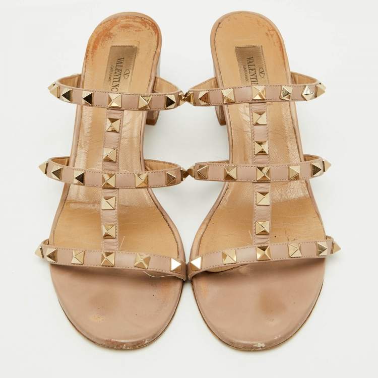Pre Owned Valentino Dusty Pink Leather Rockstud Block Heel Slide Sandals Size 39