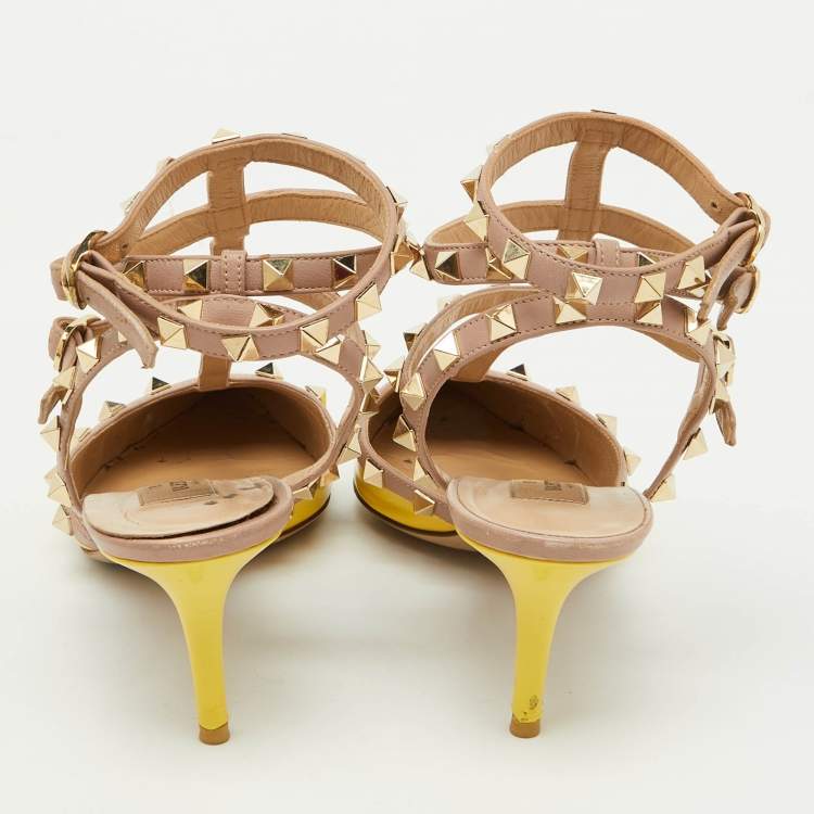 Pre Owned Valentino Yellow/Beige Patent Leather Rockstud Ankle Strap Pumps Size 39