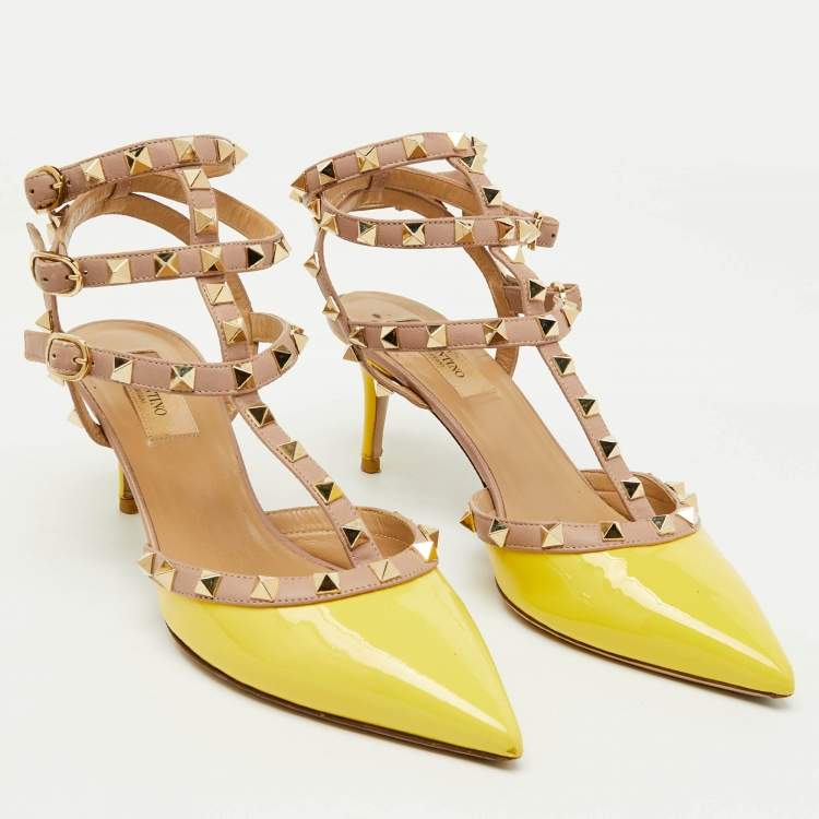 Pre Owned Valentino Yellow/Beige Patent Leather Rockstud Ankle Strap Pumps Size 39