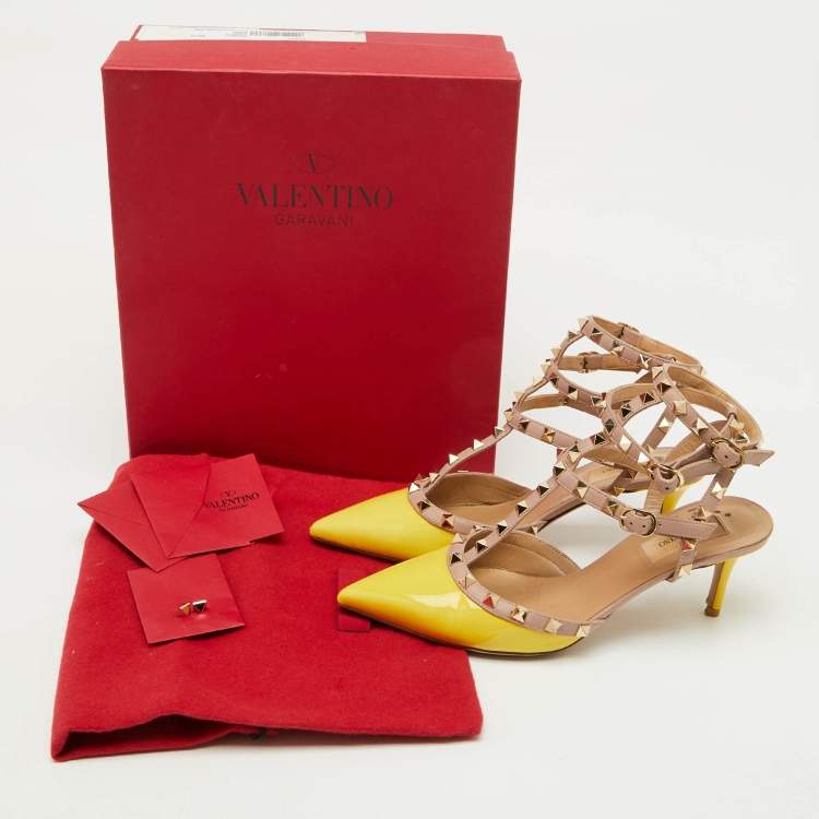 Pre Owned Valentino Yellow/Beige Patent Leather Rockstud Ankle Strap Pumps Size 39