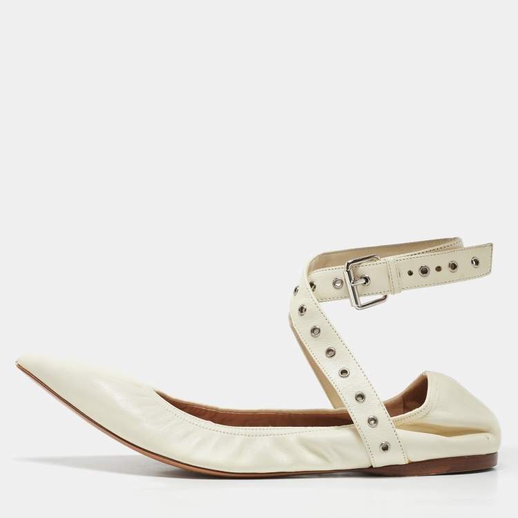 Pre Owned Valentino Off white Leather Love Latch Ankle Wrap Ballet Flats Size 38.5