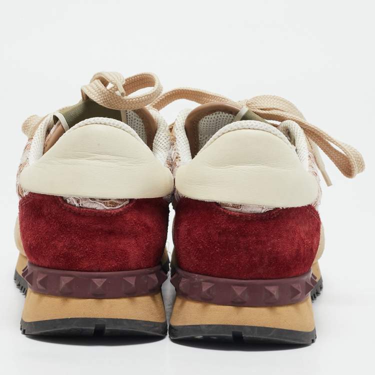 Pre Owned Valentino Pink/Beige Leather and Suede Camouflage Rockrunner Low Top Sneakers Size 37
