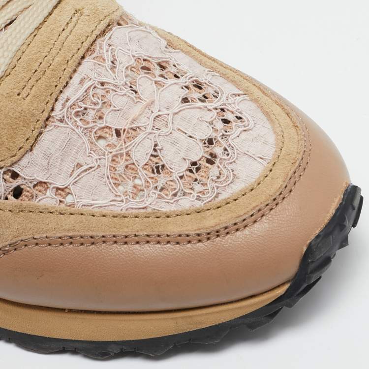 Pre Owned Valentino Pink/Beige Leather and Suede Camouflage Rockrunner Low Top Sneakers Size 37