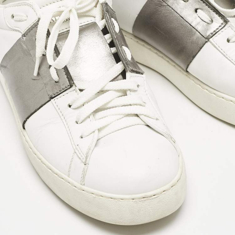 Pre Owned Valentino White/Grey Leather Open Low Top Sneakers Size 40