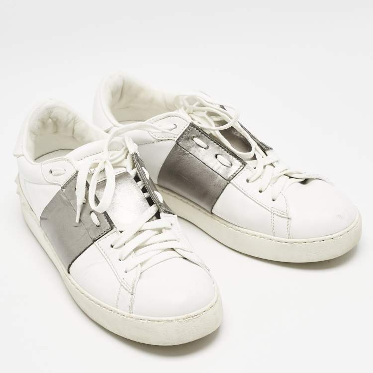 Pre Owned Valentino White/Grey Leather Open Low Top Sneakers Size 40
