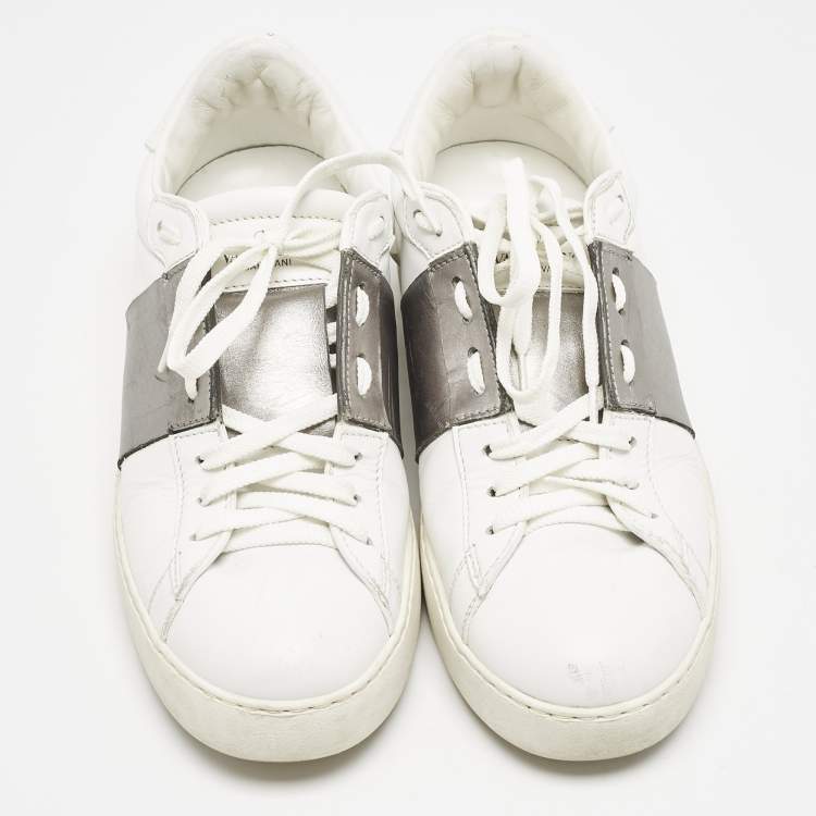 Pre Owned Valentino White/Grey Leather Open Low Top Sneakers Size 40