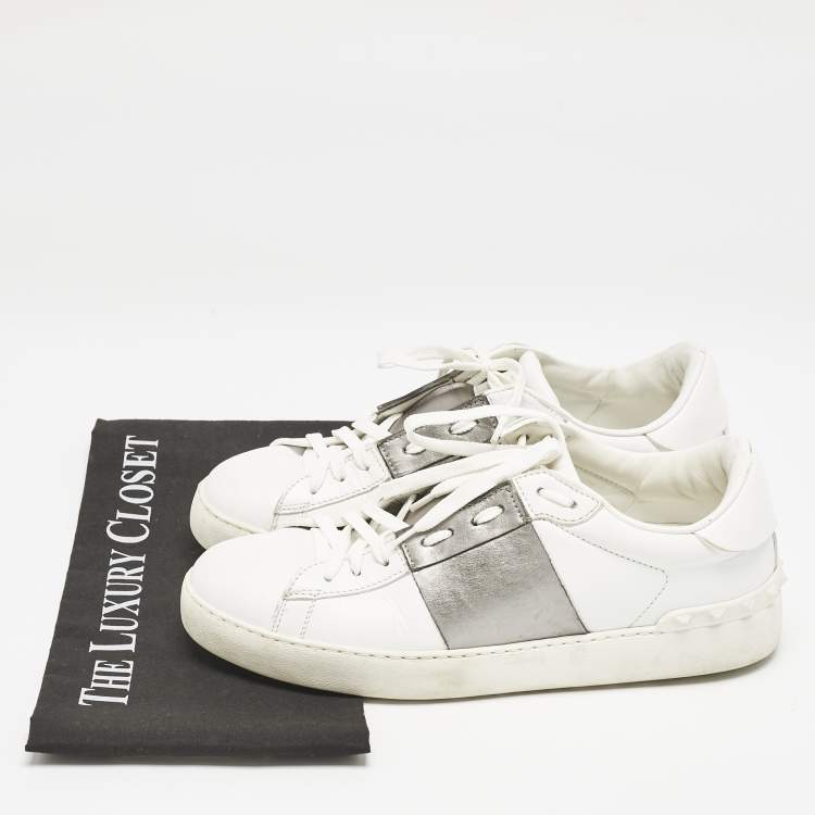 Pre Owned Valentino White/Grey Leather Open Low Top Sneakers Size 40