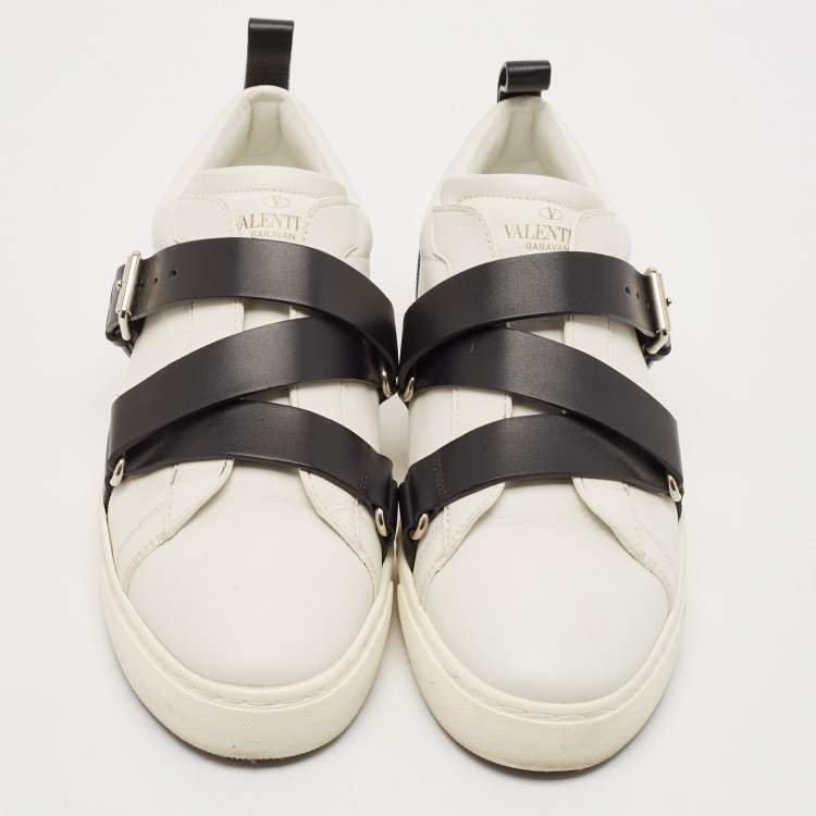 Pre Owned Valentino White/Black Leather Buckle Strap Rockstud Low Top Sneakers Size 38.5