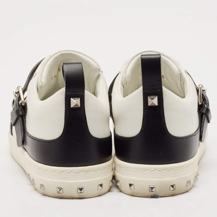 Pre Owned Valentino White/Black Leather Buckle Strap Rockstud Low Top Sneakers Size 38.5