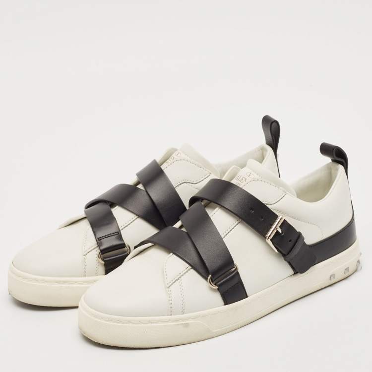 Pre Owned Valentino White/Black Leather Buckle Strap Rockstud Low Top Sneakers Size 38.5