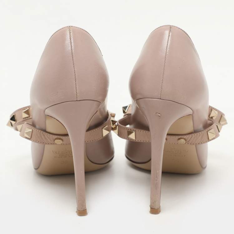 Pre Owned Valentino Dusty Beige Rockstud Ankle Wrap Pointed Toe Pumps Size 36
