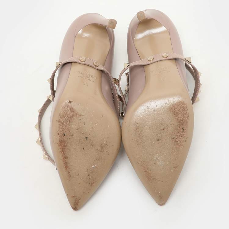 Pre Owned Valentino Dusty Beige Rockstud Ankle Wrap Pointed Toe Pumps Size 36