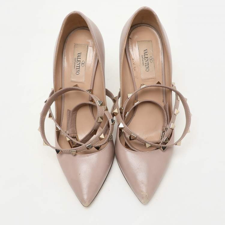Pre Owned Valentino Dusty Beige Rockstud Ankle Wrap Pointed Toe Pumps Size 36