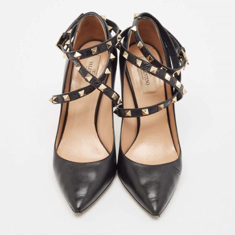 Pre Owned Valentino Black Leather Rockstud Ankle Wrap Pumps Size 38