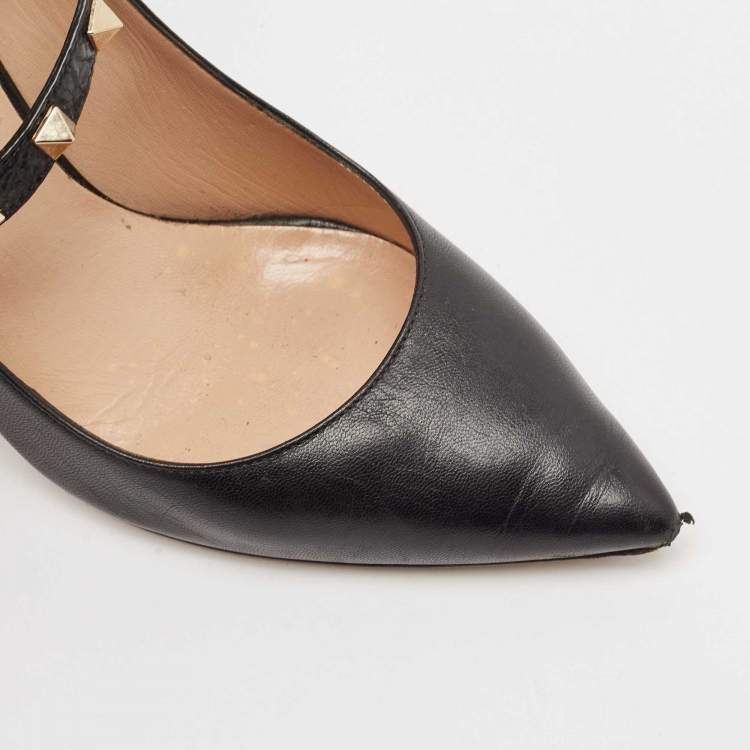 Pre Owned Valentino Black Leather Rockstud Ankle Wrap Pumps Size 38