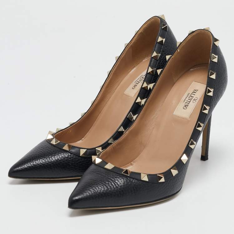 Pre Owned Valentino Black Leather Rockstud Pointed Toe Pumps Size 38