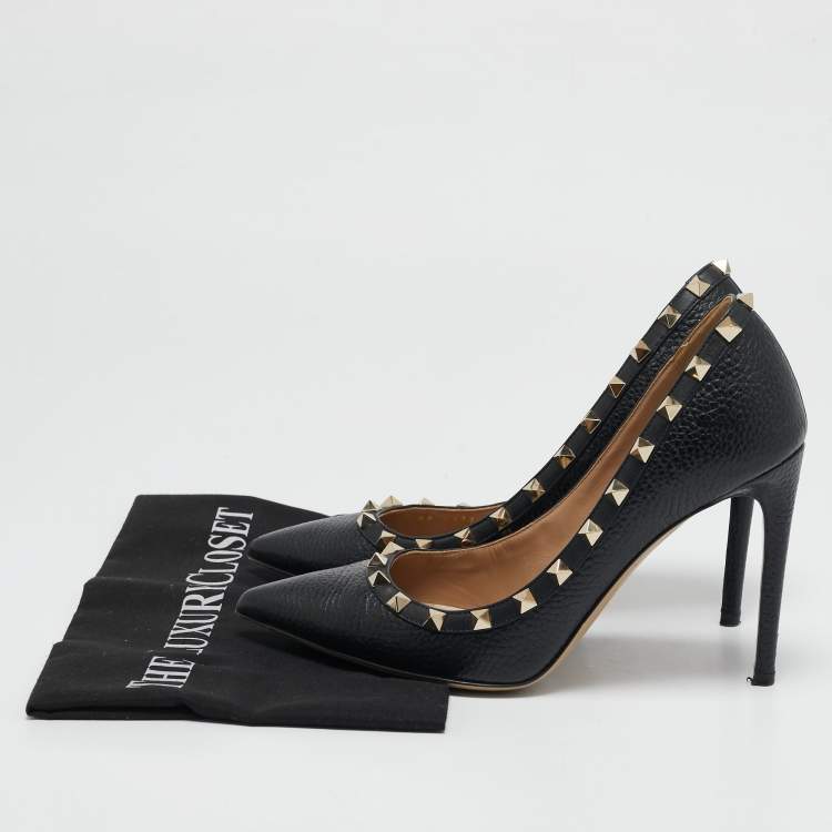 Pre Owned Valentino Black Leather Rockstud Pointed Toe Pumps Size 38