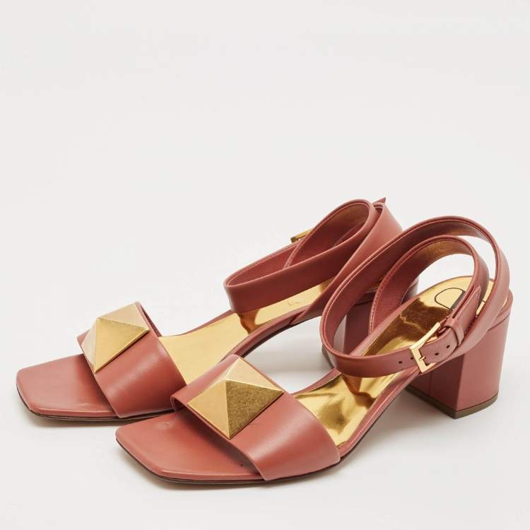 Pre Owned Valentino Pink Leather Roman Stud Ankle Strap Sandals Size 38.5