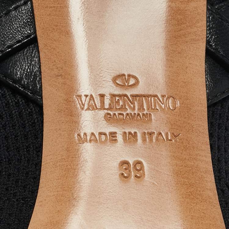 Pre Owned Valentino Black Knit Fabric and Leather Rockstud Ankle Length Boots Size 39
