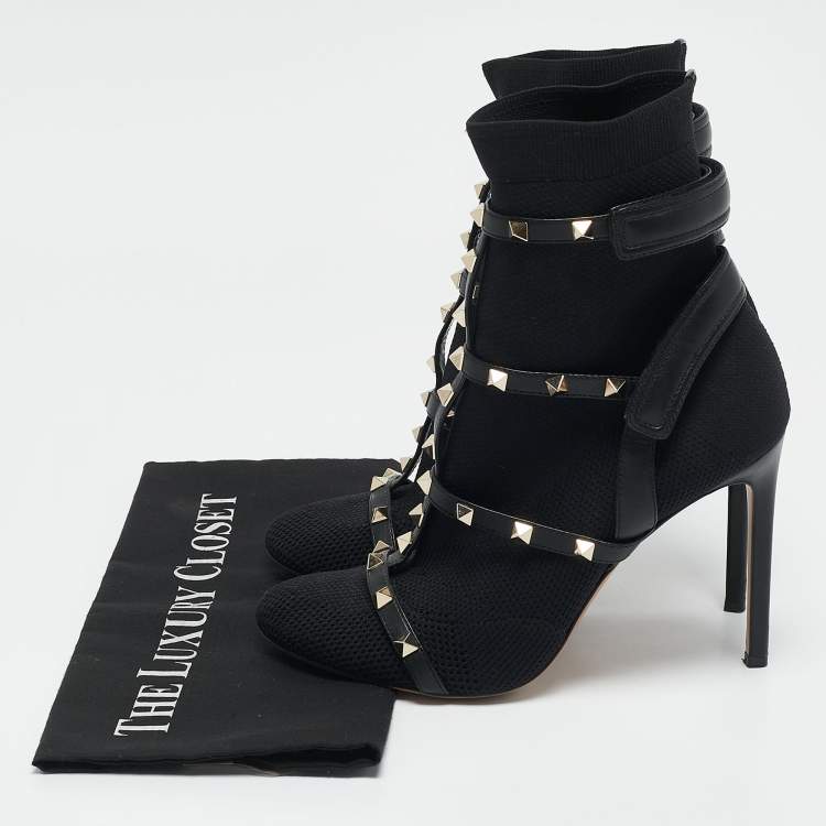 Pre Owned Valentino Black Knit Fabric and Leather Rockstud Ankle Length Boots Size 39