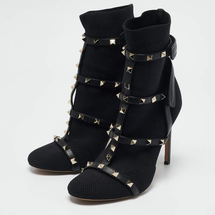 Pre Owned Valentino Black Knit Fabric and Leather Rockstud Ankle Length Boots Size 39