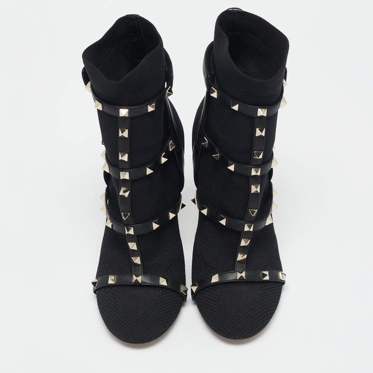 Pre Owned Valentino Black Knit Fabric and Leather Rockstud Ankle Length Boots Size 39
