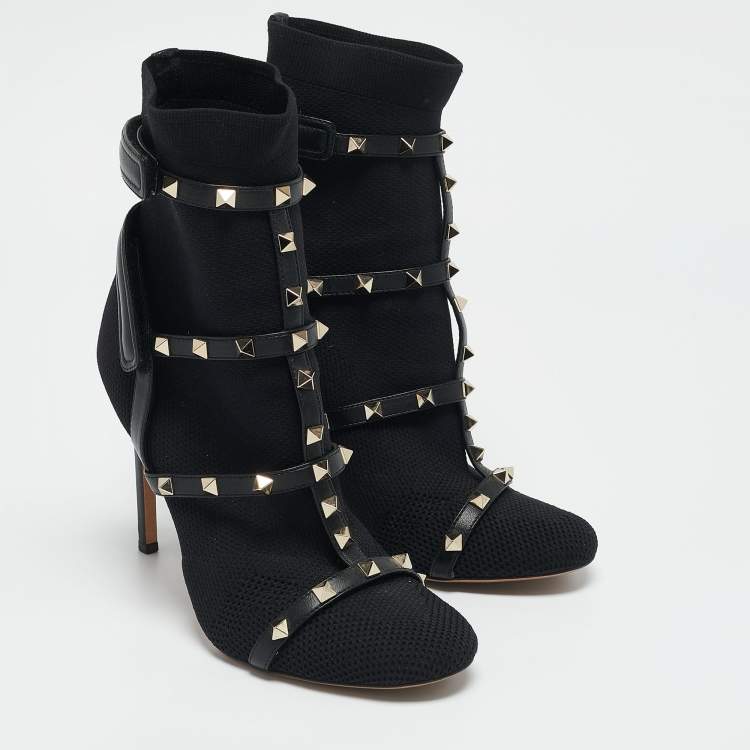Pre Owned Valentino Black Knit Fabric and Leather Rockstud Ankle Length Boots Size 39