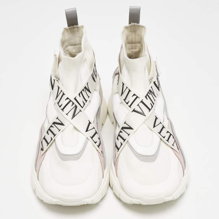 Pre Owned Valentino Multicolor Knit Fabric And Leather VLTN High Top Sneakers Size 39