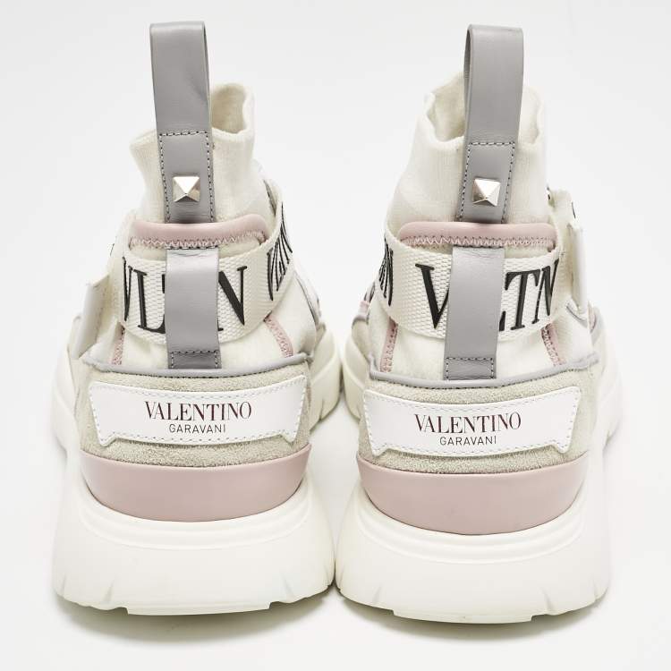 Pre Owned Valentino Multicolor Knit Fabric And Leather VLTN High Top Sneakers Size 39