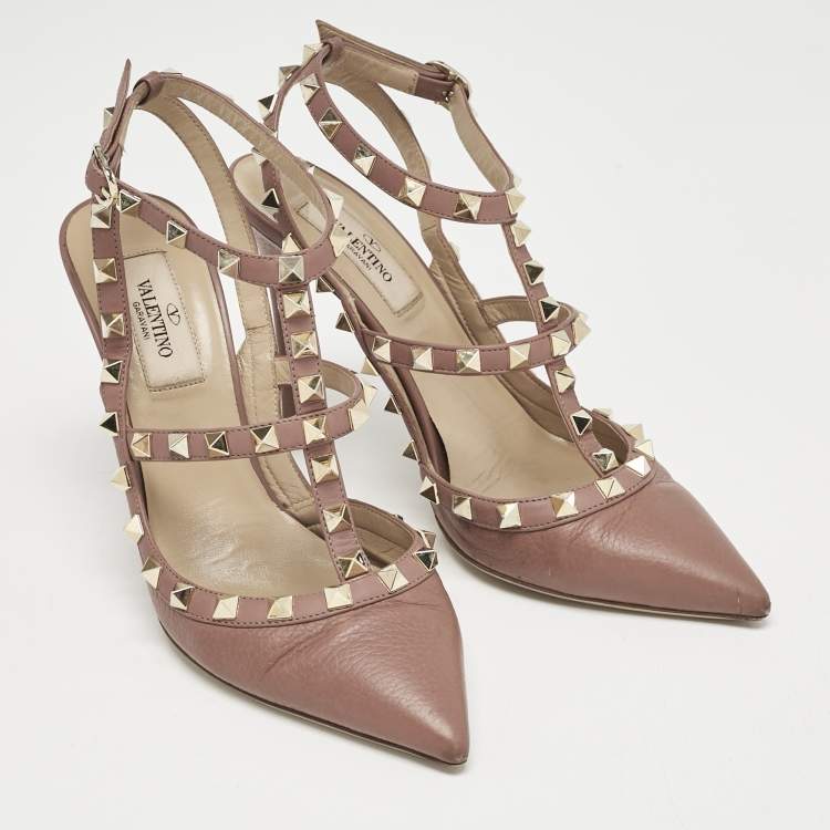 Pre Owned Valentino  Dusty Pink Leather Rockstud Ankle Strap Pumps Size 37