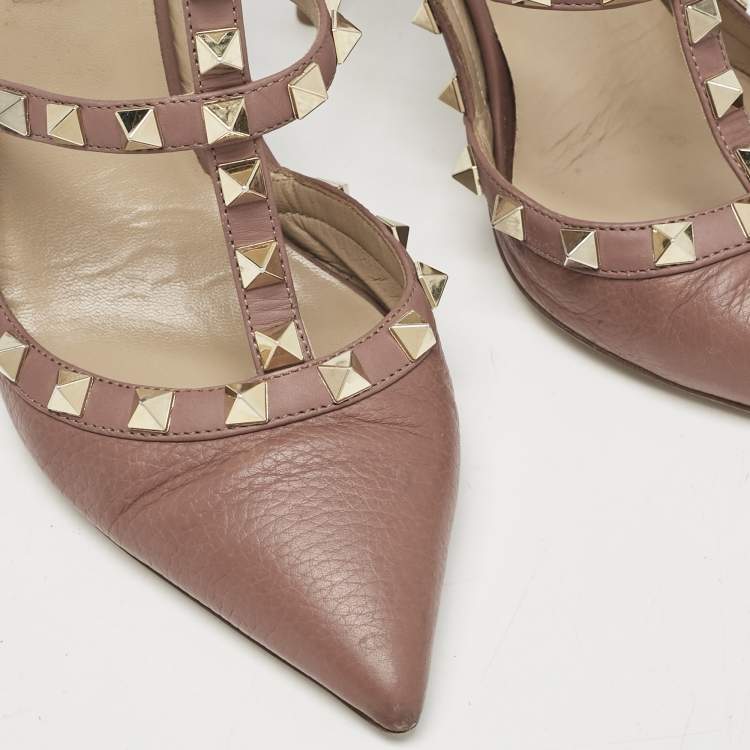 Pre Owned Valentino  Dusty Pink Leather Rockstud Ankle Strap Pumps Size 37