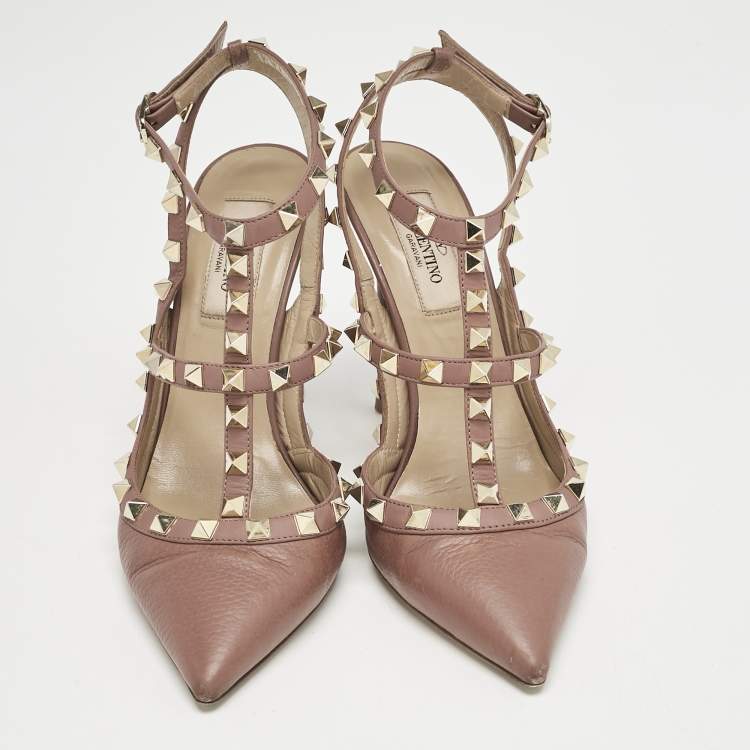 Pre Owned Valentino  Dusty Pink Leather Rockstud Ankle Strap Pumps Size 37