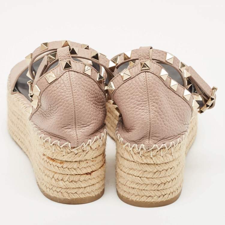Pre Owned Valentino Blush Leather Rockstud Platform Espadrille Sandals Size 36