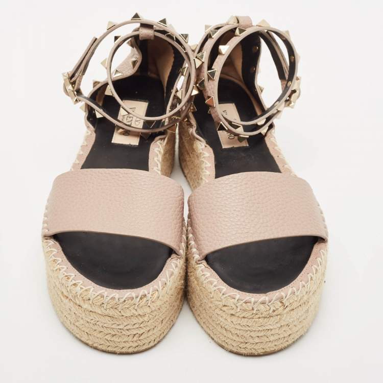 Pre Owned Valentino Blush Leather Rockstud Platform Espadrille Sandals Size 36