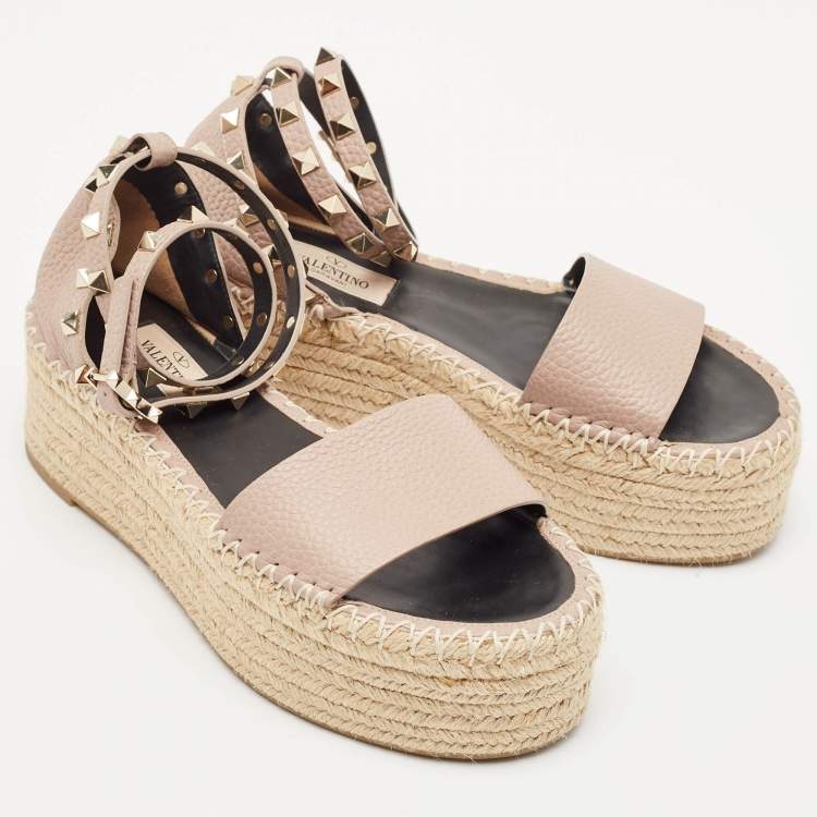 Pre Owned Valentino Blush Leather Rockstud Platform Espadrille Sandals Size 36
