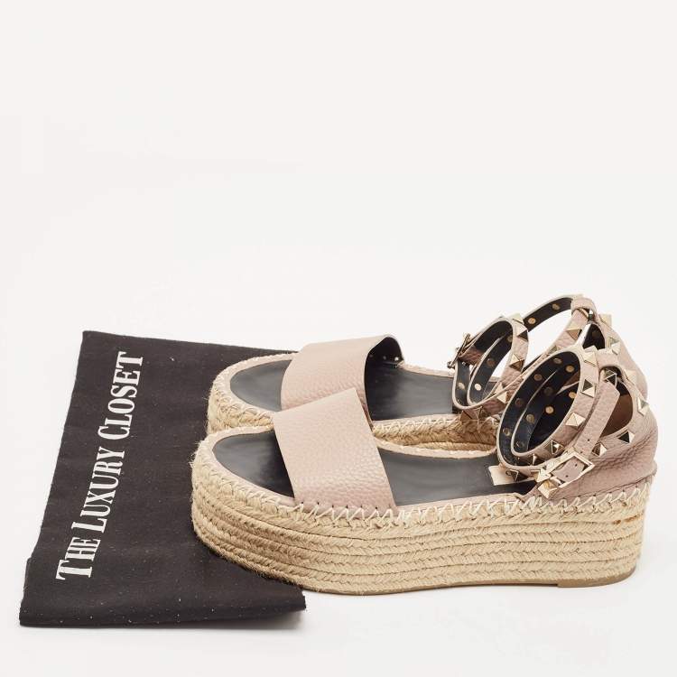 Pre Owned Valentino Blush Leather Rockstud Platform Espadrille Sandals Size 36