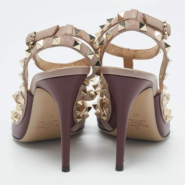 Pre Owned Valentino Burgundy /Beige Leather Rockstud Caged Pumps Size 37